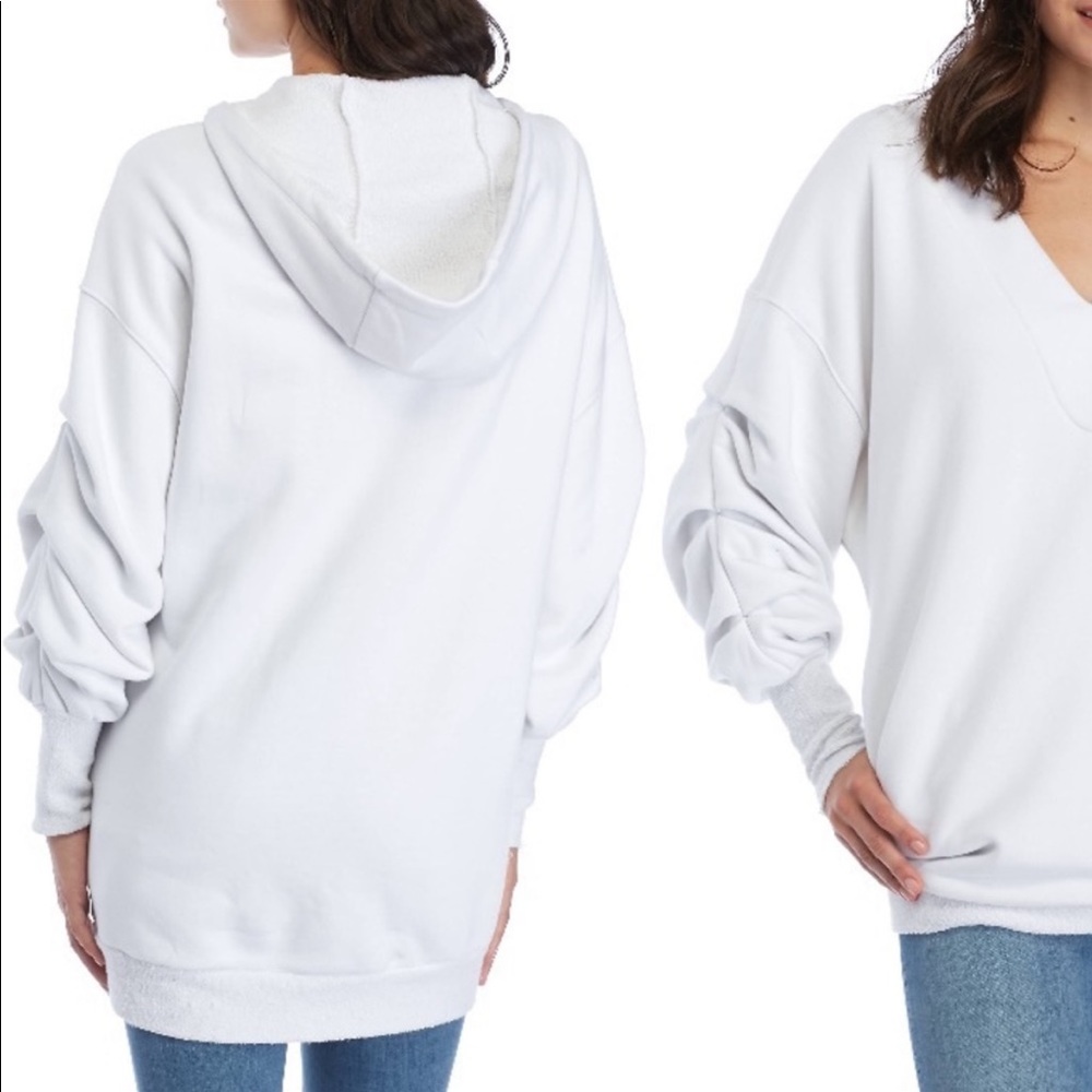 Free People Ruched Sleeve Oversized Hoodie Sweater terry v neck pockets heavy